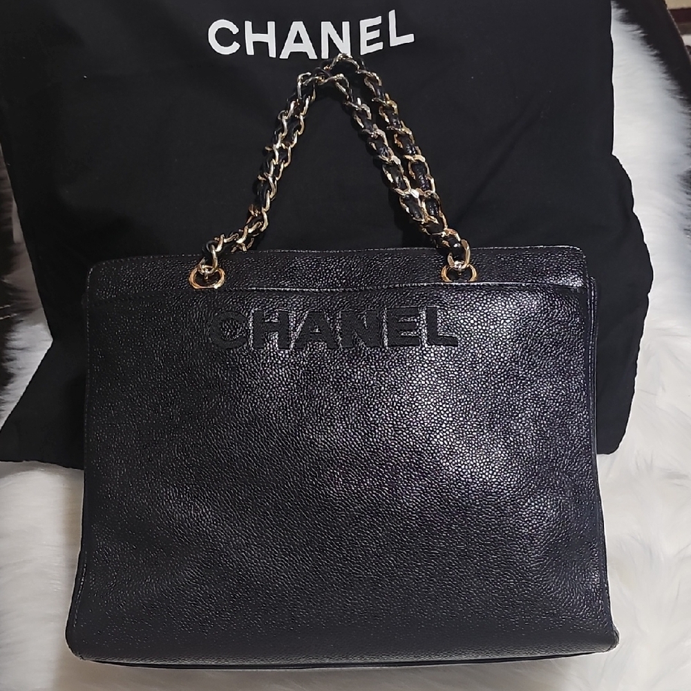 CHANEL Logo Caviar Leather Black Iconic Gold Chain Strap